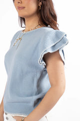 Everywhere and Back Light Blue Flutter Sleeve Stitched Detail Sweater