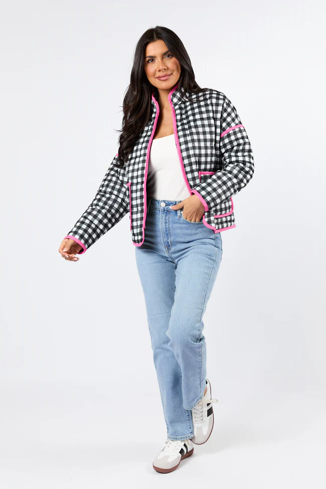 Going For It Black Gingham Printed Zip Up Jacket