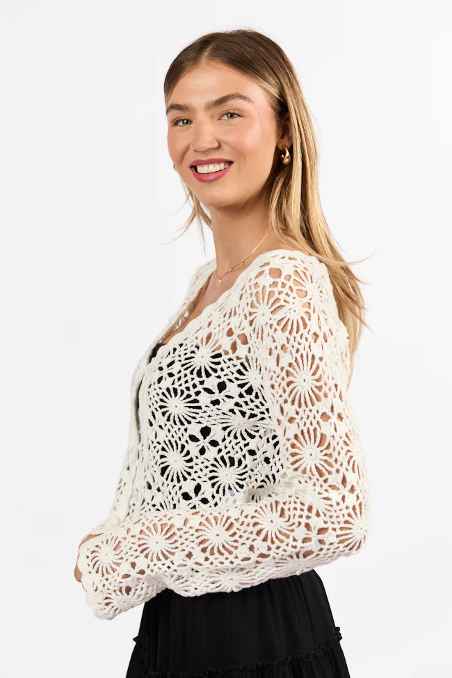 Unbeatable Memories Long Sleeve Ivory Crochet Cardigan