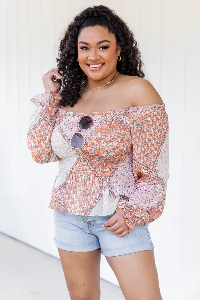 Saddle Up With Me Camel Patch Print Off The Shoulder Blouse FINAL SALE