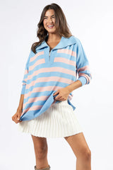 Pulling Heartstrings Blue and Coral Striped Quarter Zip Pullover SALE