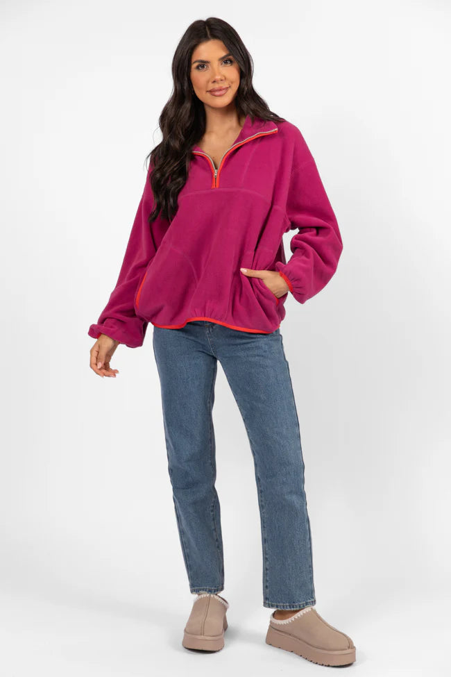 Outside The Box Magenta Contrast Trim Fleece Pullover SALE