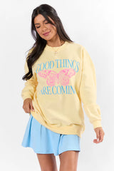 Good Things Are Coming Light Yellow Oversized Graphic Sweatshirt