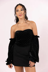 Brightest Star Black Off The Shoulder Rhinestone Studded Velvet Top FINAL SALE