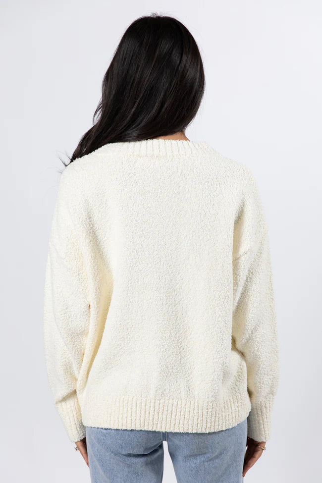 Let It Snow Ivory And Blue Fuzzy Pom Sweater FINAL SALE