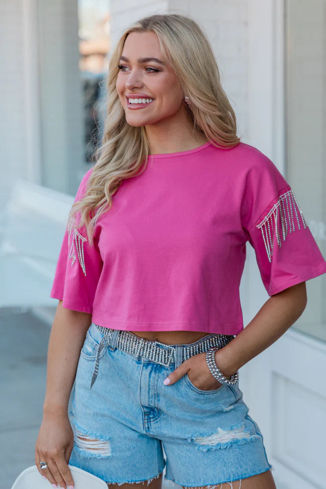 Hold On Loosely Pink Rhinestone Shoulder Detail T-Shirt SALE