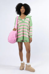 Pulling Heartstrings Green and Pink Striped Quarter Zip Pullover SALE