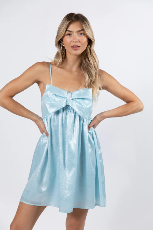 Tinsel and Tidings Light Blue Bow Detail Mini Dress FINAL SALE