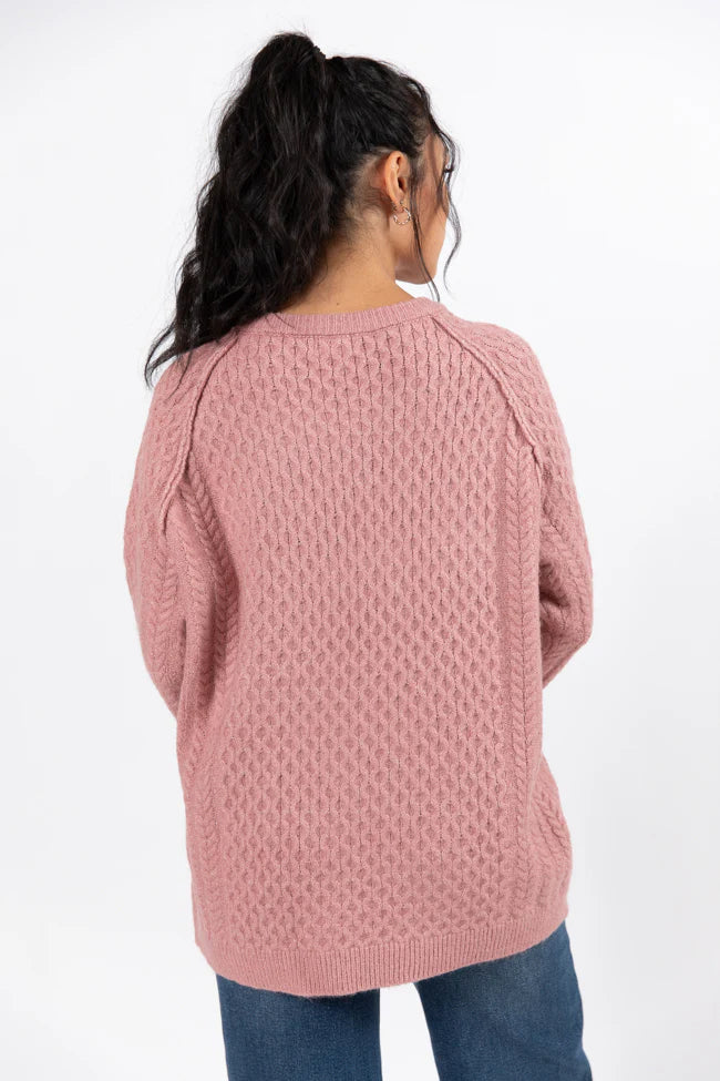 Cable Knit Cuddles Mauve Oversized Crew Neck Sweater