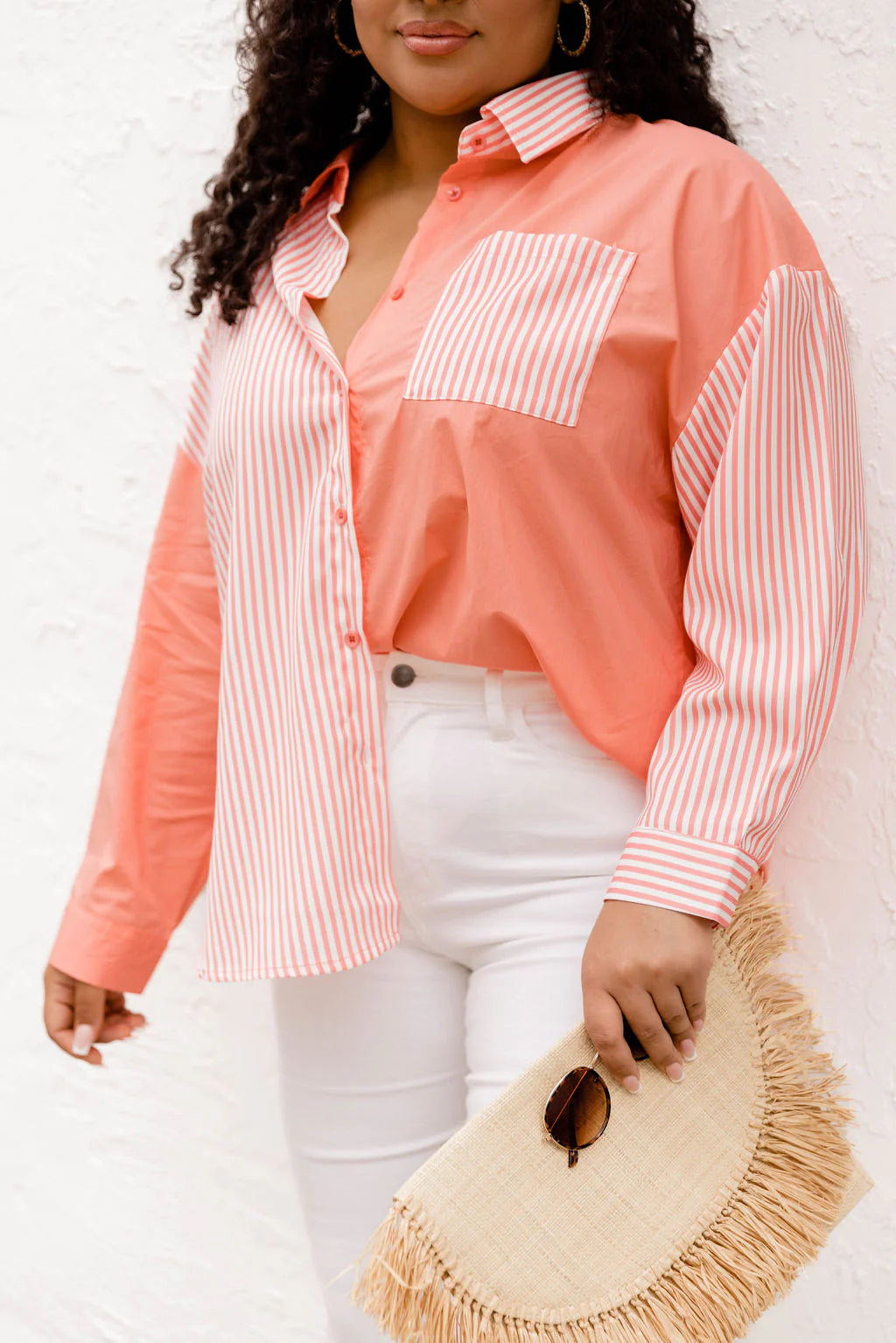 Get It Right Coral Striped Button Front Color Block Blouse FINAL SALE