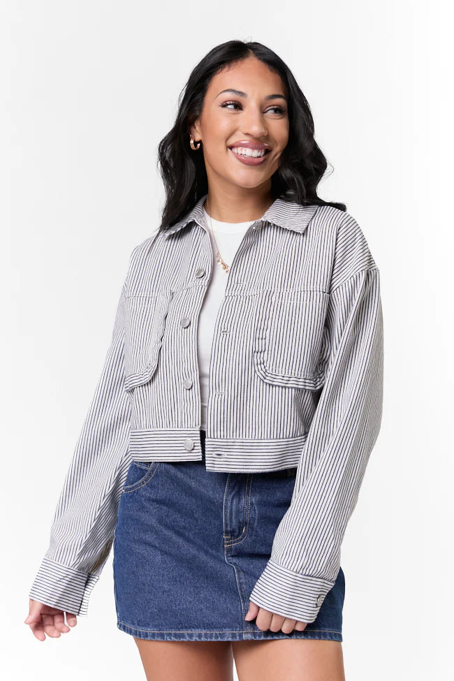 Say It Again Navy Striped Denim Jacket