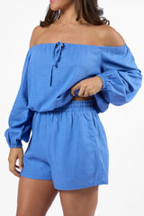 Deep Dive Blue Off The Shoulder Shorts Set