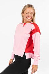 Far Between Pink and Red Contrast Trim Crew Neck Sweatshirt