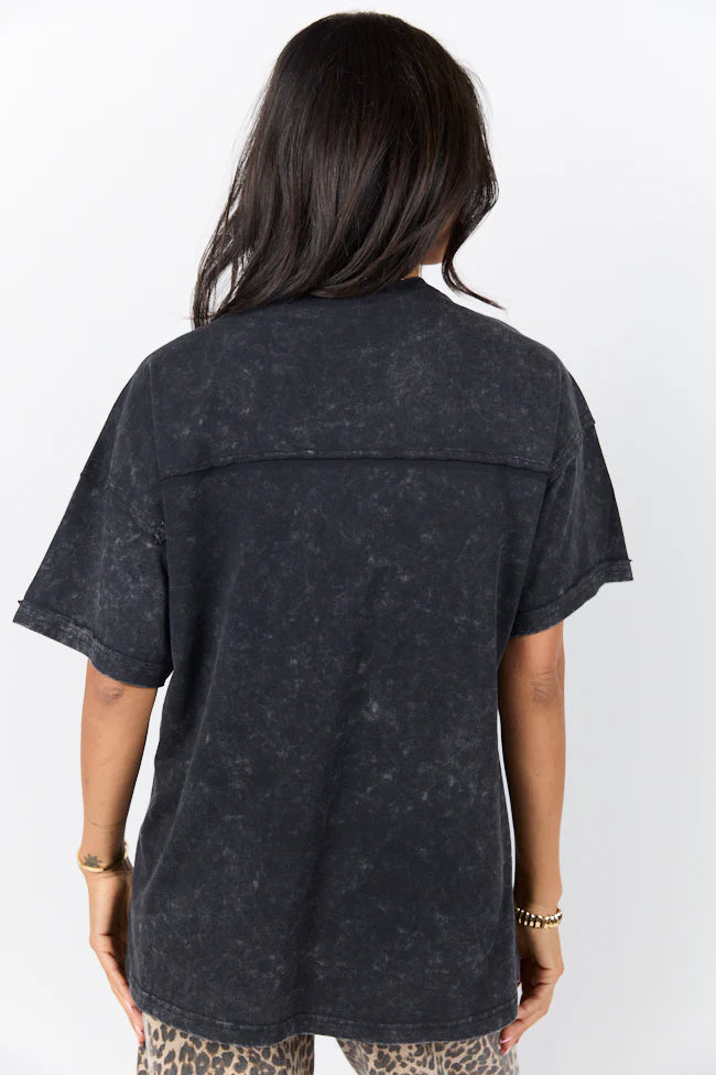 When We Meet Black Oversized Acid Wash V-Neck Tee