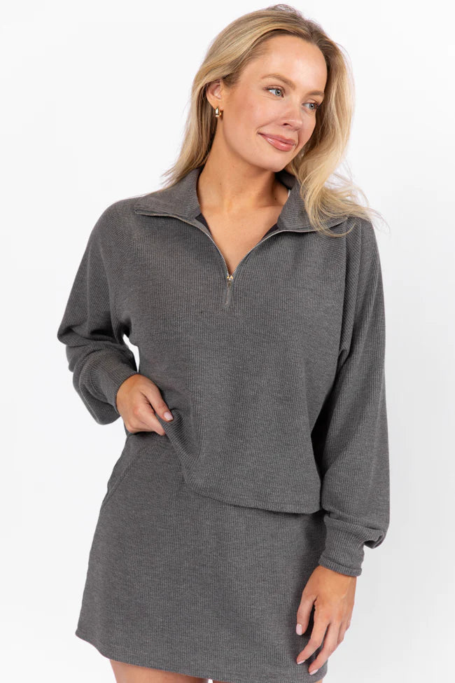 Tried It All Charcoal Quarter Zip Ribbed Knit Pullover