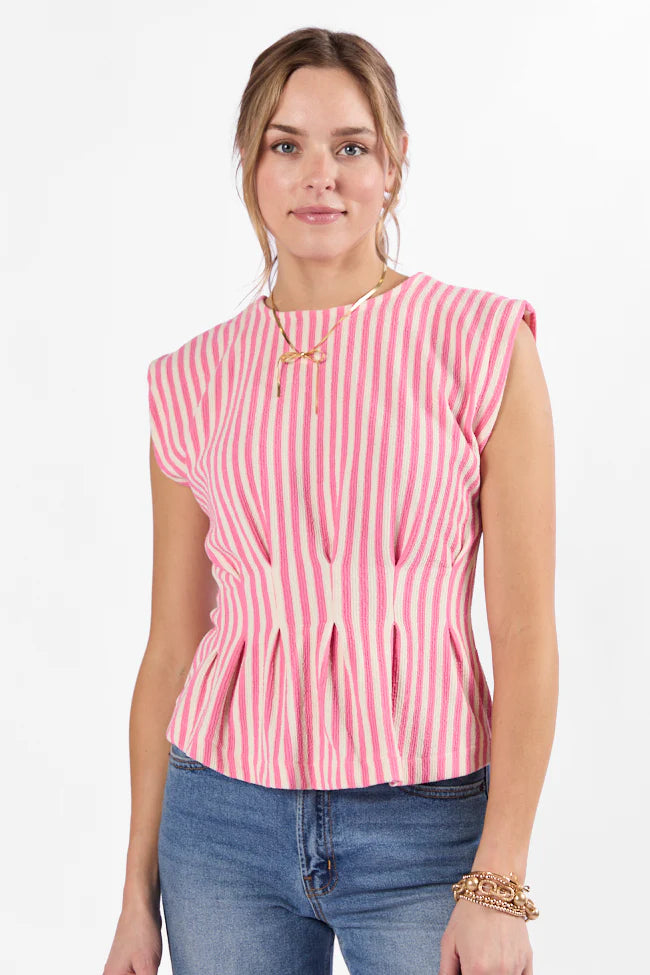 Made Your Mark Pink Striped Knit Cinched Waist Tee