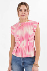 Made Your Mark Pink Striped Knit Cinched Waist Tee