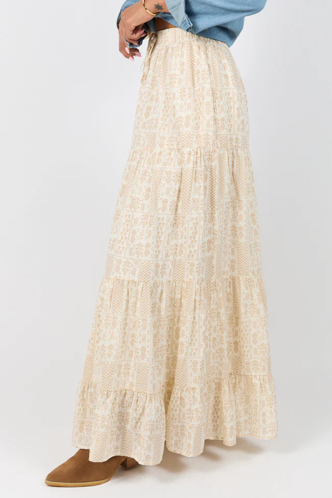 Life Is But A Breeze Ivory and Beige Printed Maxi Skirt