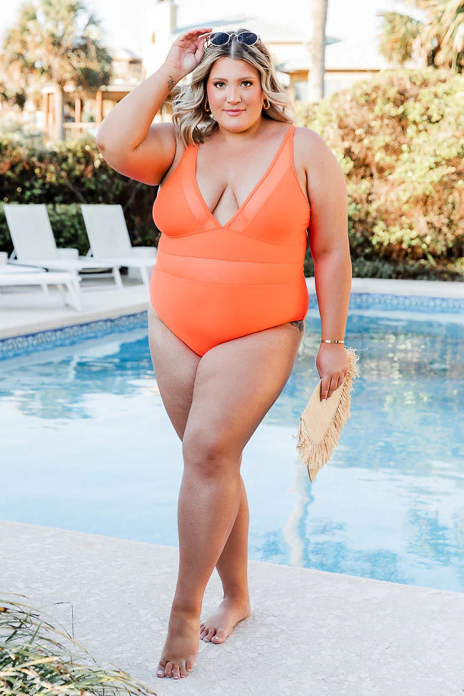 Lost In The Waves Bright Orange V-Neck One Piece Swimsuit FINAL SALE