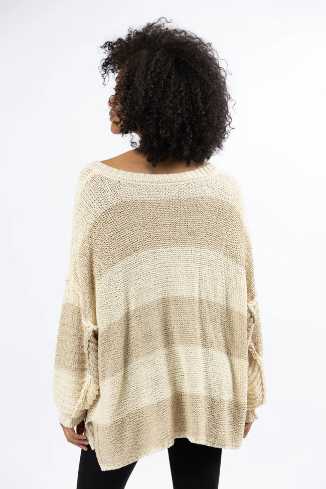 Know You Best Beige Oversized Striped Henley Sweater