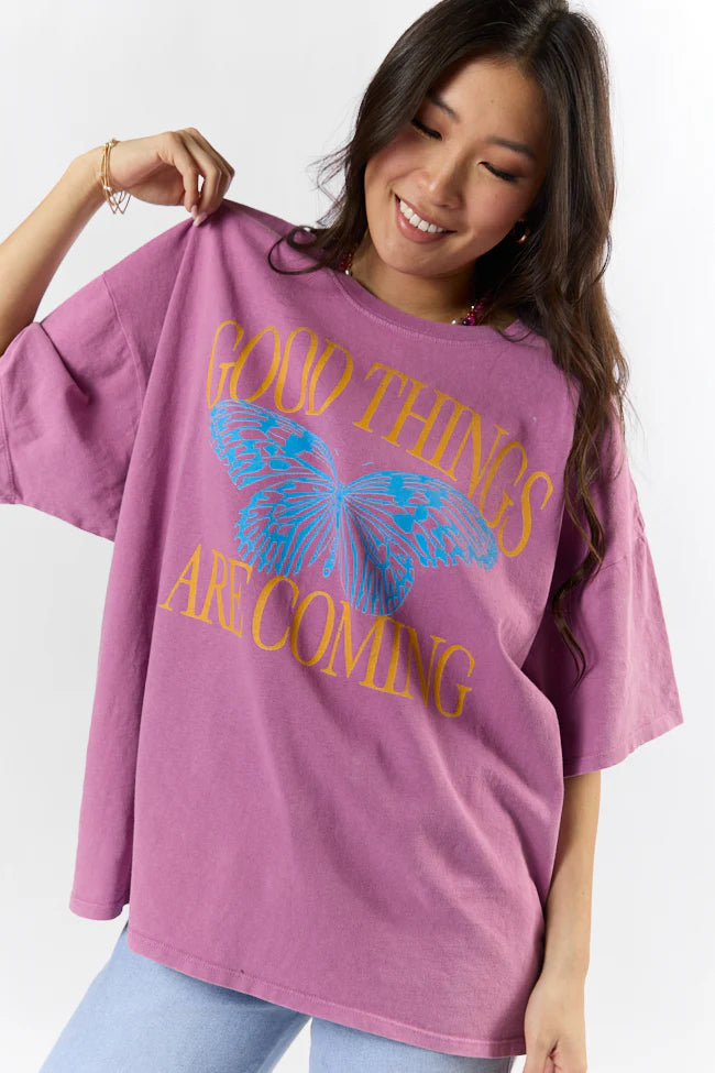 Good Things Are Coming Purple Hyfve Oversized Graphic Tee