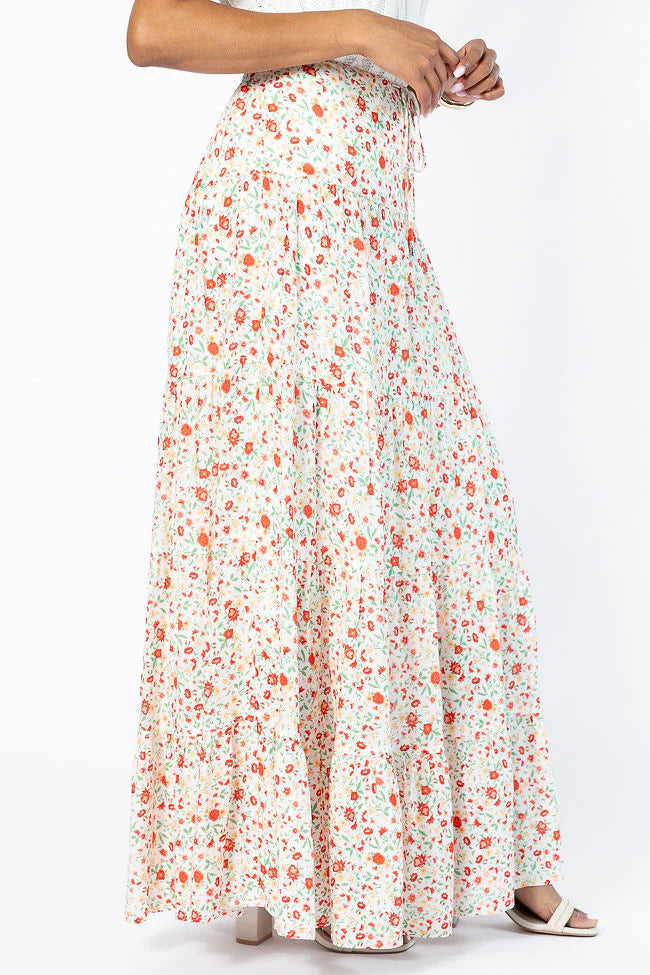 Sunlit Blossoms Ivory and Red Floral Maxi Skirt