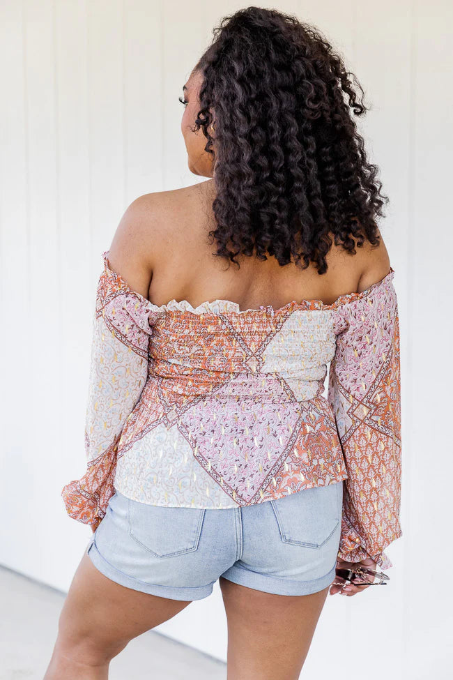 Saddle Up With Me Camel Patch Print Off The Shoulder Blouse FINAL SALE