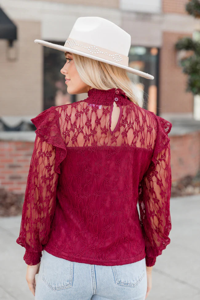 Be The Moment Burgundy Mock Neck Lace Blouse FINAL SALE