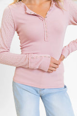 All The Better Light Pink Cable Knit Sleeve Knit Henley Top FINAL SALE