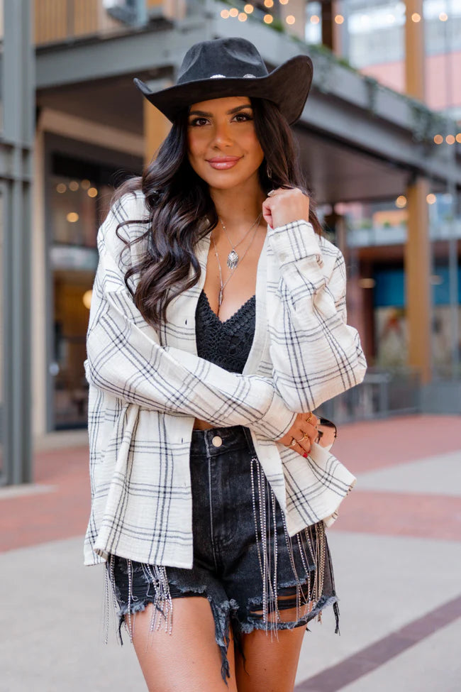 Keeping You Wild Ivory and Black Plaid Gauze Button Up Shirt SALE