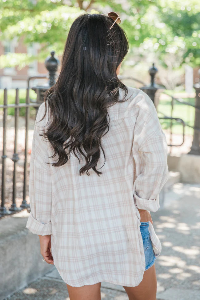 Made Me Realize Ivory And Tan Plaid Oversized Button Front Shirt