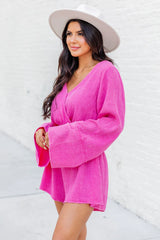 Washed Away Hot Pink Acid Wash Long Sleeve Romper FINAL SALE