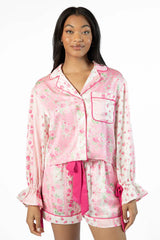 Don't Wake Me Up Pink Multi Floral Long Sleeve Satin Pajama Top