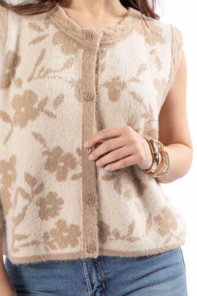 Truly Yours Natural and Taupe Floral Print Sweater Vest