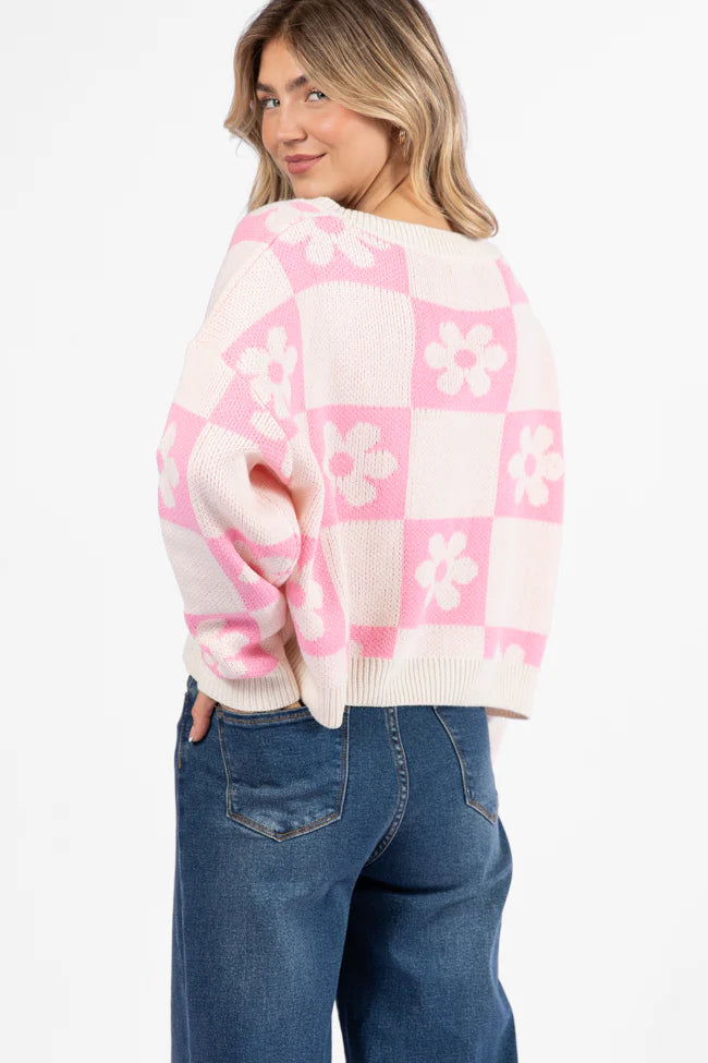 Found A New Way Pink V-Neck Checkered Flower Sweater SALE