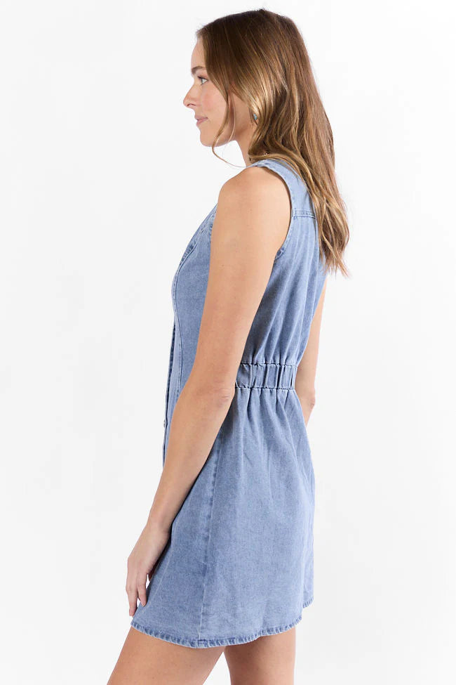 Strike A Chord Light Wash Denim Button Front Dress