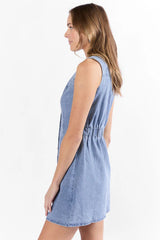 Strike A Chord Light Wash Denim Button Front Dress