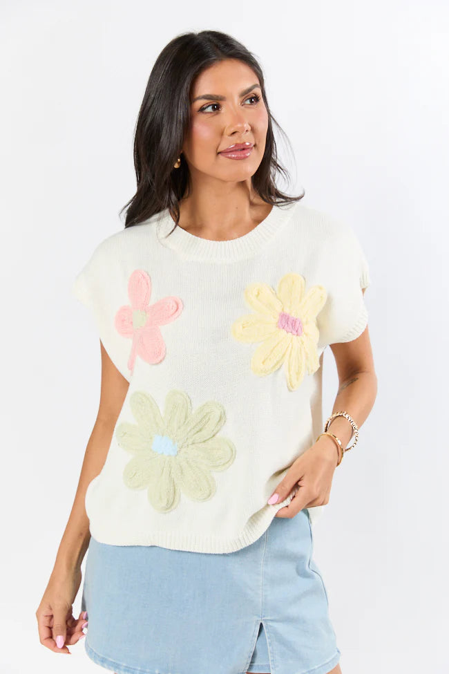 Blooming Joy Ivory Multi Flower Embroidered Short Sleeve Sweater