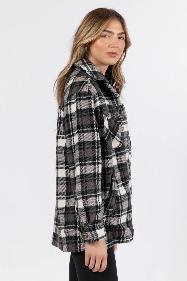 Through The Leaves Black Plaid Sherpa Shacket