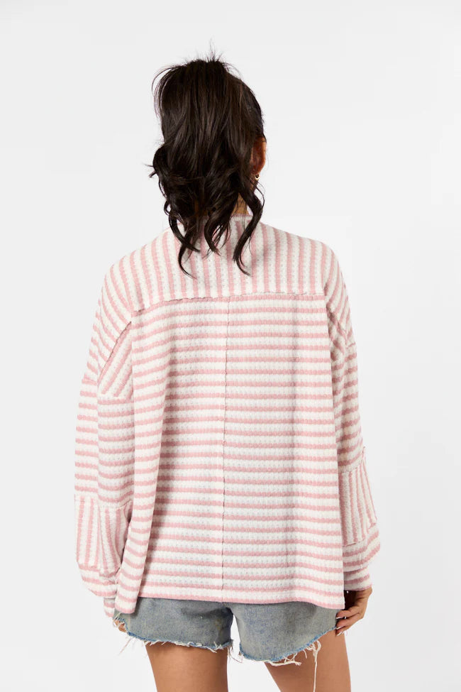 All For Sun Pink and Ivory Striped Knit V-Neck Long Sleeve Tee