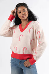 Candy Craze Pink and Red Candy Cane Patch V-Neck Sweater Macy Blackwell X Pink Lily FINAL SALE