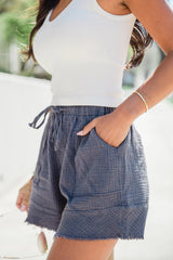 Ready To Go Navy Acid Wash Gauze Ruffle Hem Pull On Shorts SALE