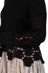 A Little Dramatic Black Flower Trim Crochet Sweater