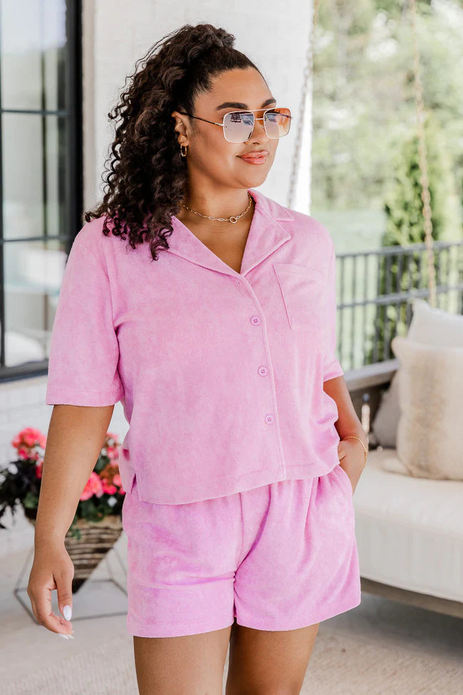 Girls Just Wanna Have Fun Pink Button Up Terry Lounge Top FINAL SALE