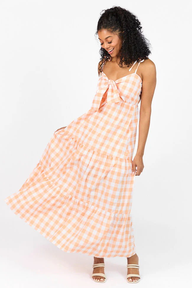 Checked Out Orange Gingham Tie Front Maxi Dress