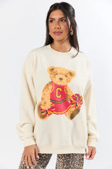 Vintage Red and Gold Cheer Teddy Bear Cream Oversized Graphic Sweatshirt