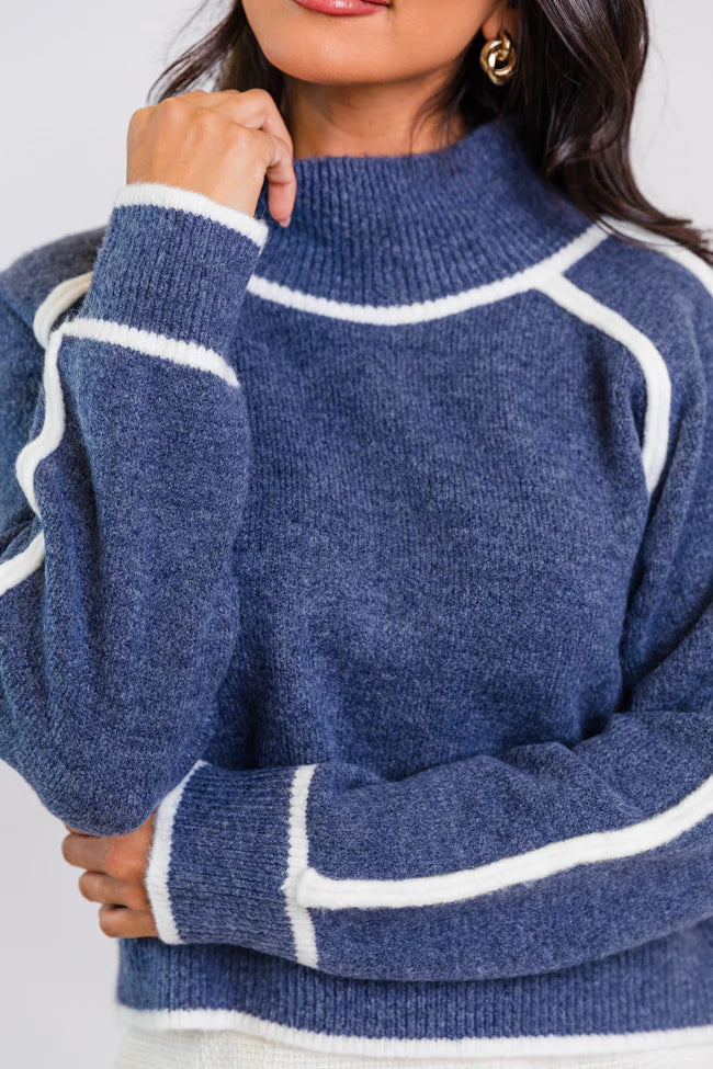 In Between Navy and Ivory Contrast Stitch Mock Neck Sweater