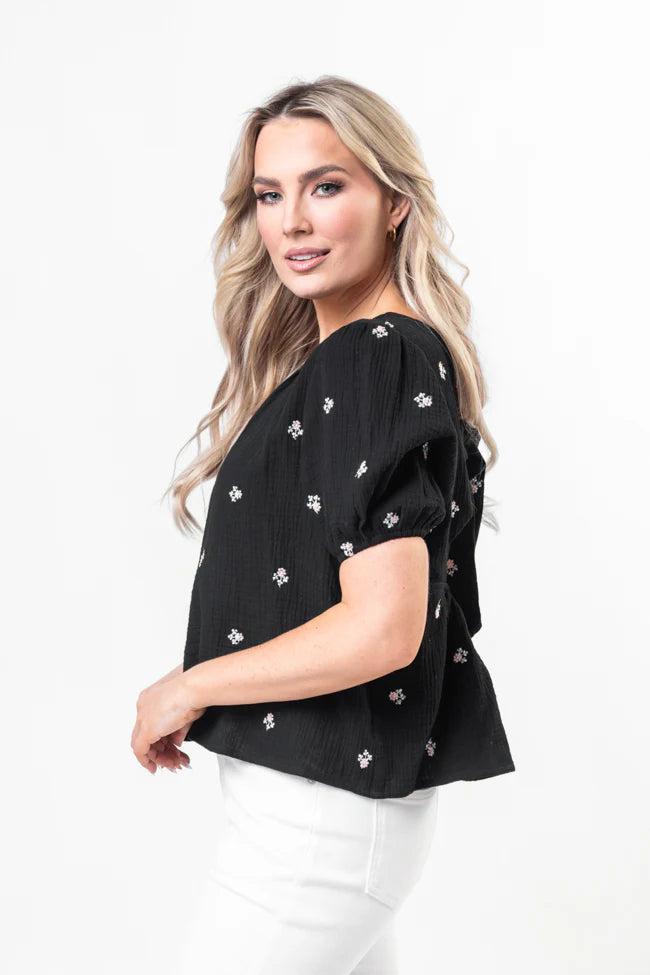 Endless Charm Black Floral Embroidered Gauze Blouse