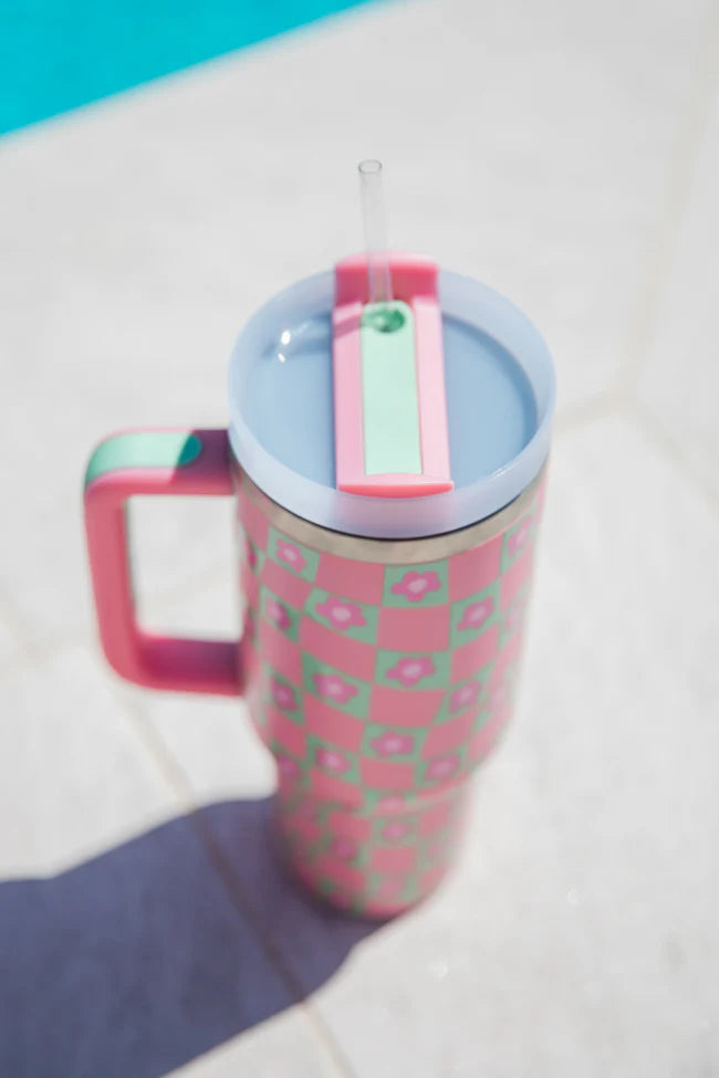 Sippin' Pretty Warped Checker Daisy 40 oz Drink Tumbler With Lid And Straw SALE