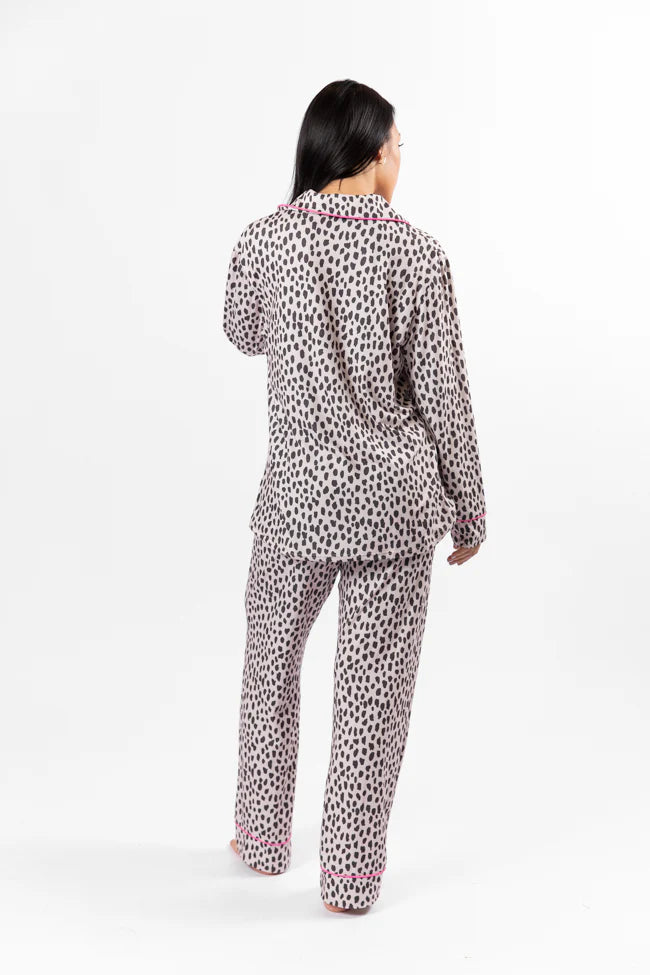 On A Cloud In Spotted Black and Tan Plush Knit Pajama Set